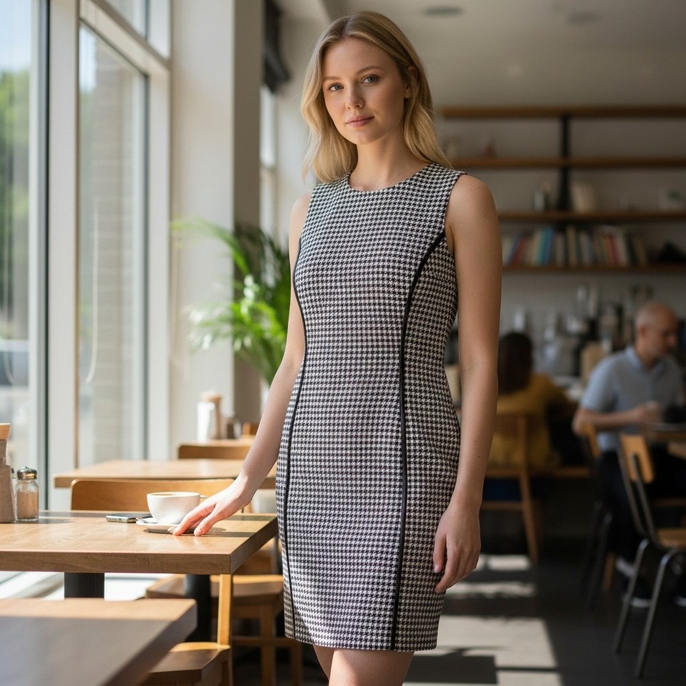 J.McLaughlin Womens Large Houndstooth Sheath Dress Black White Vegan Leather Top